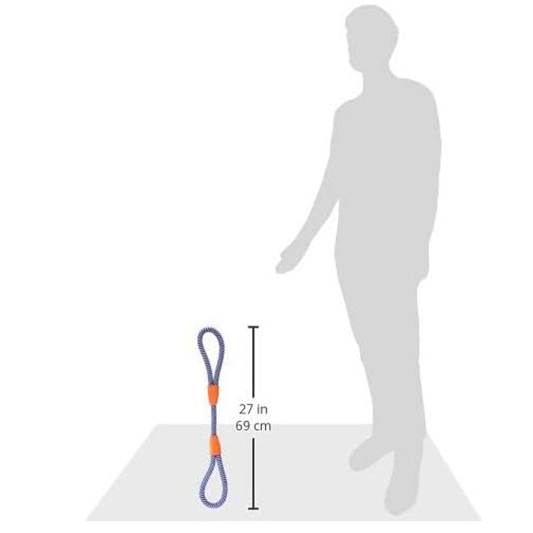Illustration of a person next to the Chuckit! Mountain Rope Tug by Chuckit, resembling a durable tug toy. It features blue rope with orange connectors and measures 27 inches (69 cm) long. The silhouette highlights its impressive height.