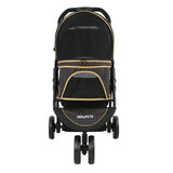 The Gen7Pets Gold Nugget Promenade Pet Stroller by Gen7 is a black and brown stroller with all-terrain wheels, a mesh front cover, six wheels, and a polka dot trim. It includes a Smart-Comfort Pad for your pets comfort.