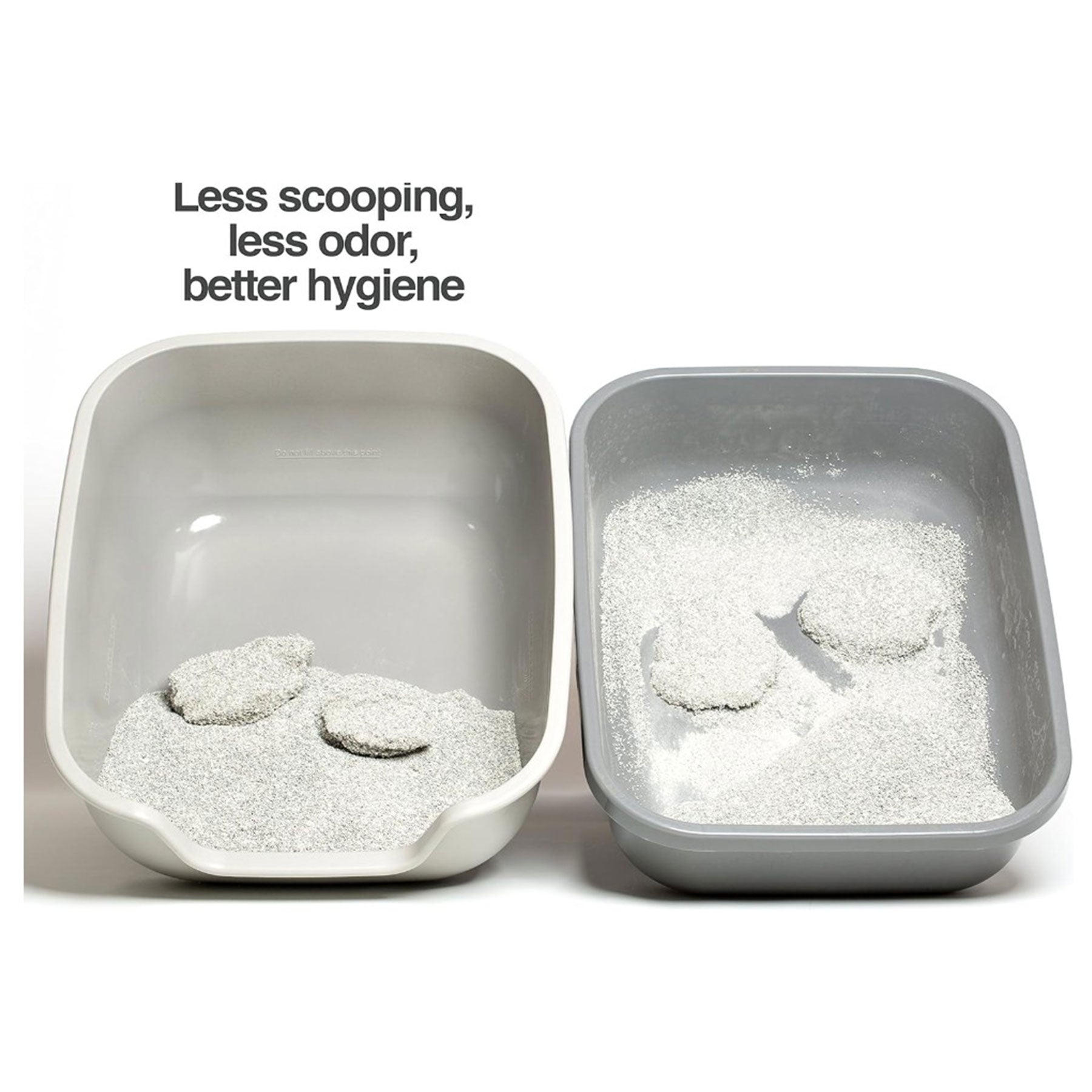 The PetFusion Better Box Cat Litter Box 2-Pack, made from durable ABS plastic, features a modern open pan design. The left box is less filled than the other. Text reads: Less scooping, less odor, better hygiene.
