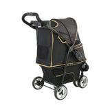 The Gen7Pets Gold Nugget Promenade Pet Stroller by Gen7 is a stylish black pet stroller with all-terrain wheels, yellow trim, and a polka dot canopy. It features a mesh window, handle with cup holder, Smart-Comfort Pad for coziness, and convenient storage basket in a must-have accessory design.
