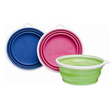 The Petmate Bamboo Silicone Travel Bowls, available in blue, pink, and green, feature flexible sides and rounded edges. The blue and pink remain collapsed while the green is expanded. With a white rim and handle for easy portability, these dishwasher-safe bowls are ideal for any adventure.