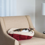 A cat with white, brown, and black fur relaxes in an Aspen Pet Self-Warming Oval Lounger Bed, featuring red and beige plush. Its non-skid bottom keeps it secure on a beige armchair in a well-lit room beside a white lamp.