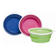 The Petmate Bamboo Silicone Travel Bowls by Petmate come in a set of three collapsible bowls in blue, pink, and green. Each has a white rim, a stackable design with the green expanded and others nested flat behind. Convenient for travel and dishwasher safe for easy cleaning.