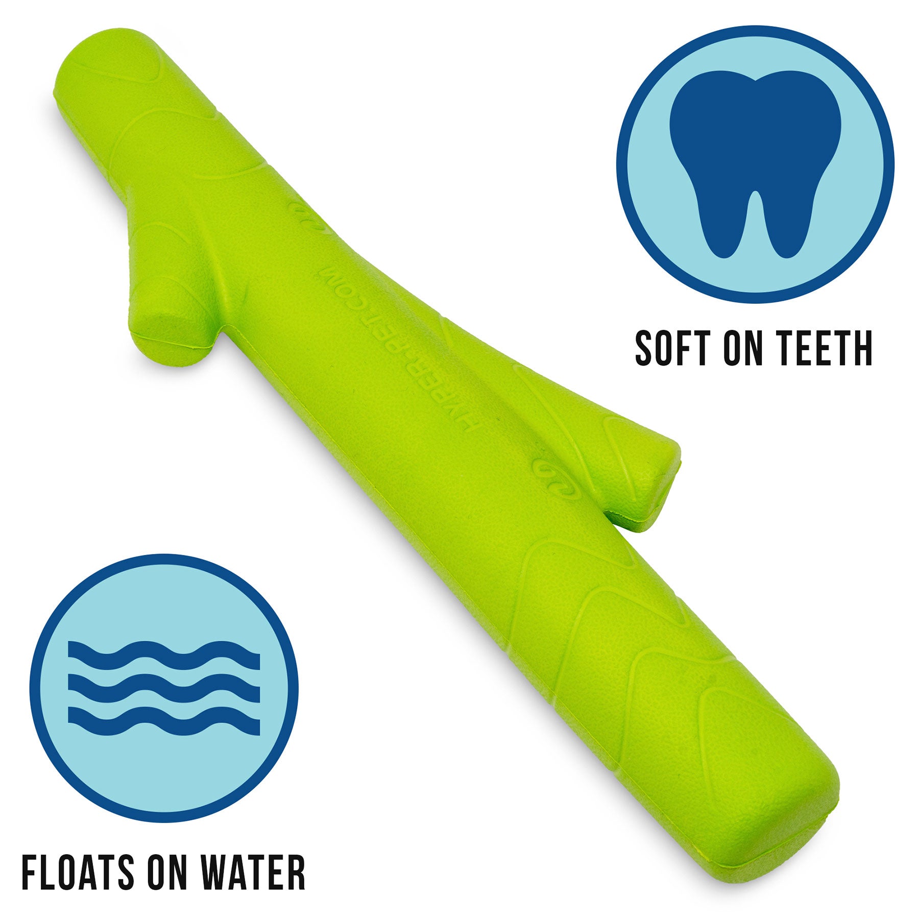 The Hyperpet Hyper Pet Hyper Chewz Stick Dog Toy is a green, durable EVA foam toy, designed for power chewers. Soft on teeth and capable of floating on water, it features text and icons emphasizing its benefits.