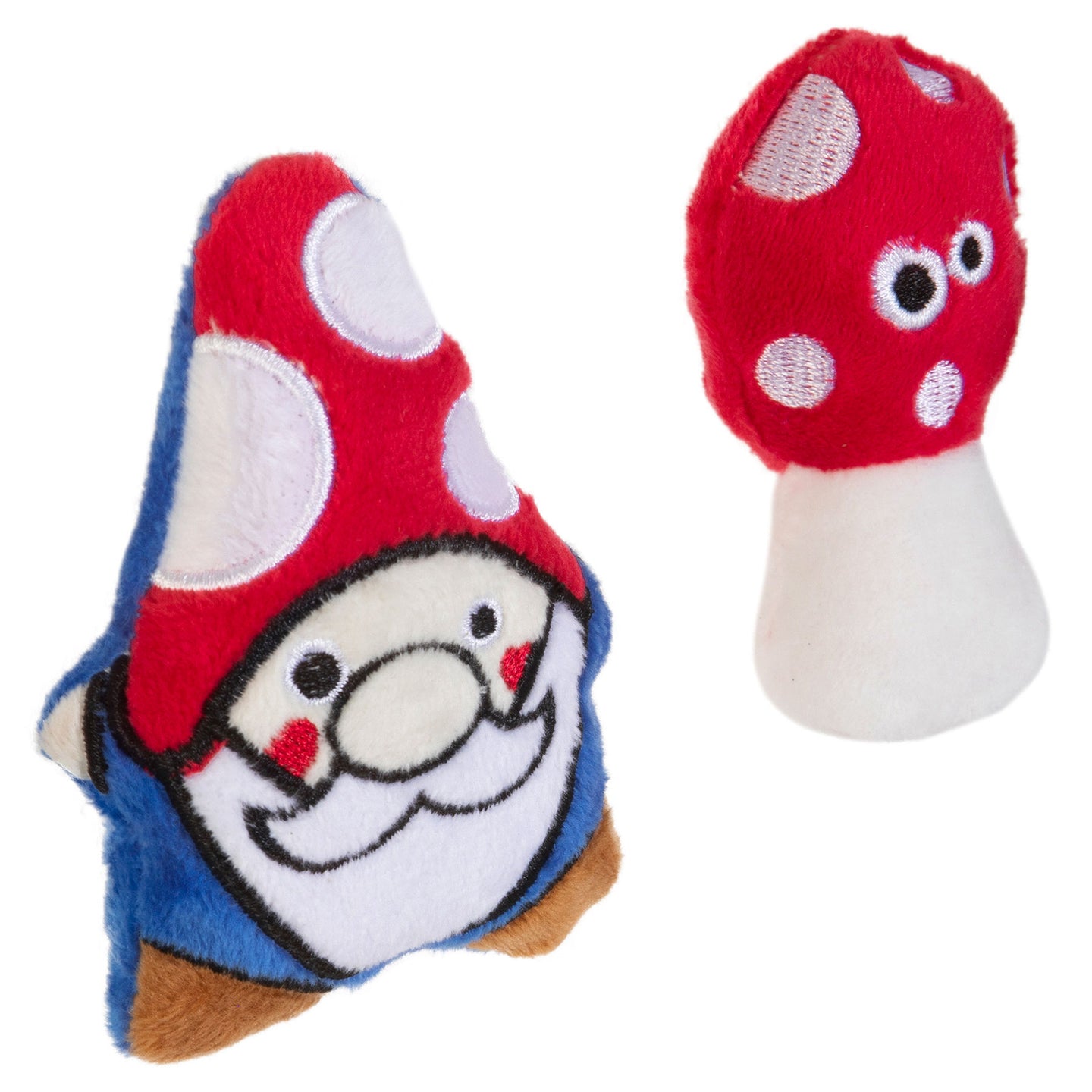 The Mad Cat Gnome Sweet Gnome Cat Toy 2 Pack includes a plush gnome with a red hat and white polka dots and a charming red-and-white mushroom toy. These cartoonish, soft toys make perfect companions for playful settings—great alongside your silvervine or premium catnip collection.