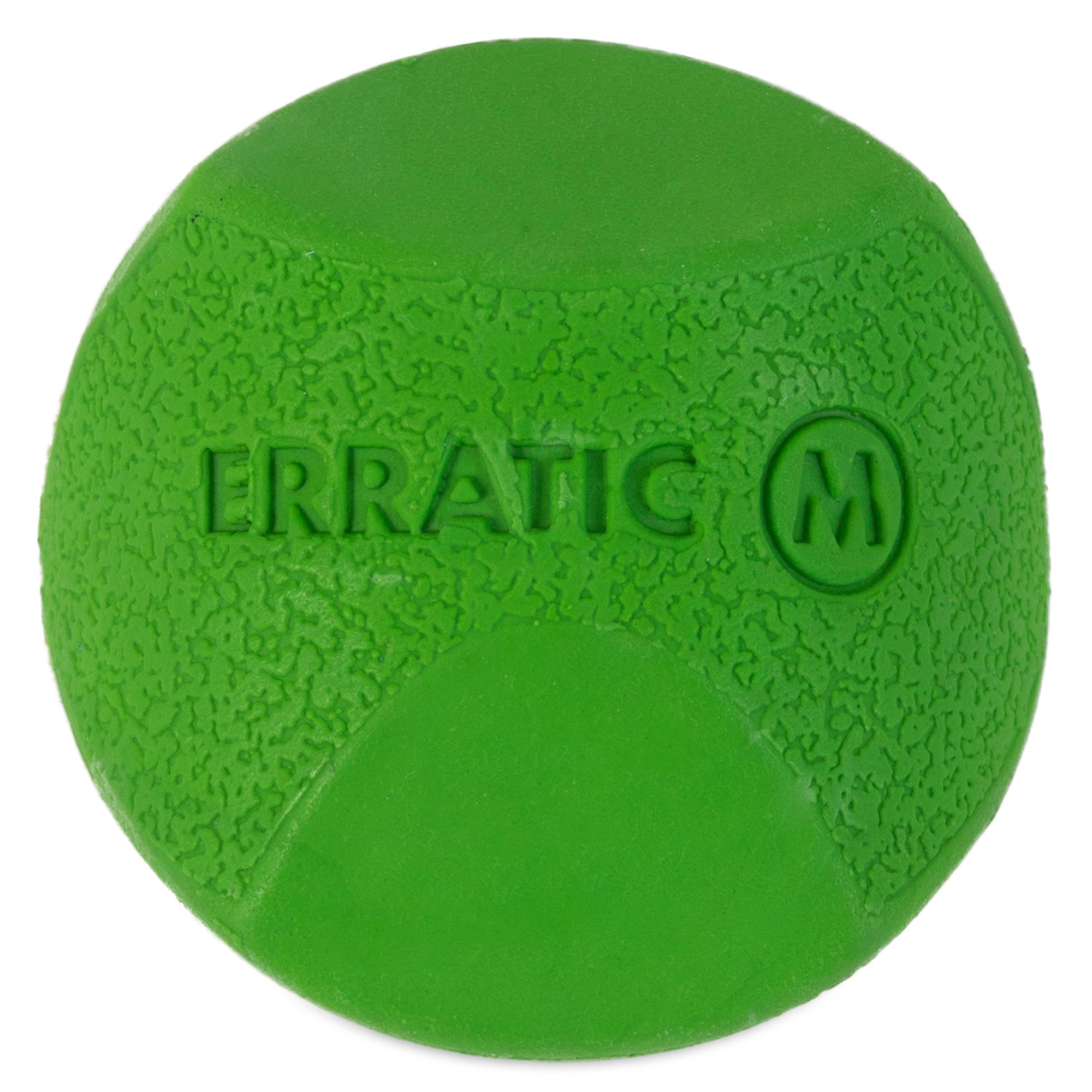 The Chuckit! Erratic Ball Dog Toy by Chuckit is a durable, textured green rubber ball embossed with ERRATIC and M. It offers high-bouncing, unpredictable fun for pets and their owners.