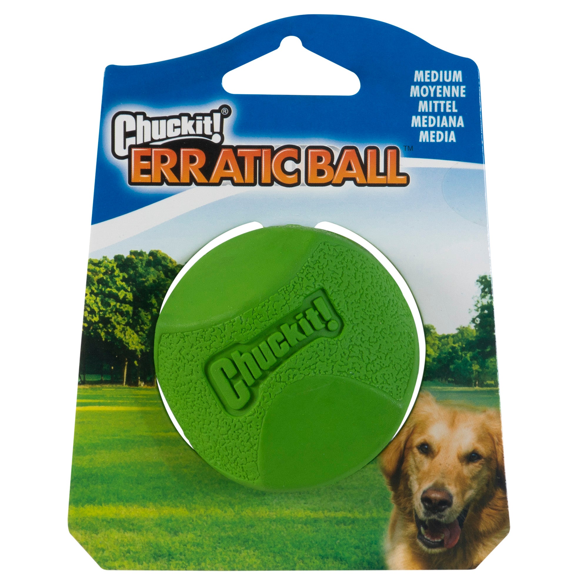 The image features the Chuckit! Erratic Ball Dog Toy in its packaging. Made from durable rubber with an irregular surface for unpredictable play, the background shows a grassy field and a happy golden retriever. The labels display medium size in various languages.