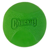 The durable Chuckit! Erratic Ball Dog Toy by Chuckit features a green rubber textured surface with Chuckit! embossed in the center. Its smooth, curved sections divide the textured areas, creating high-bouncing, playful unpredictability for your dogs playtime.