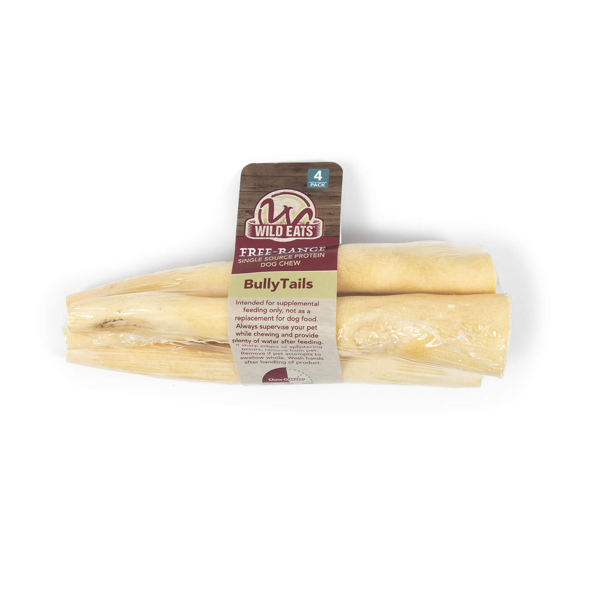 The Wild Eats Small Bully Tail (Bundle of 4) by Wild Eats includes four natural bully tails in clear plastic with a brown and white label highlighting their dental health benefits for dogs.