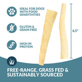 Four Wild Eats Small Bully Tails (6.5" each) by Wild Eats beside text: ideal for dogs with food sensitivities, gluten and grain free, high in protein, free-range, grass-fed, sustainably sourced, and great for dental health.