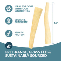 Four Wild Eats Small Bully Tails (6.5" each) by Wild Eats beside text: ideal for dogs with food sensitivities, gluten and grain free, high in protein, free-range, grass-fed, sustainably sourced, and great for dental health.