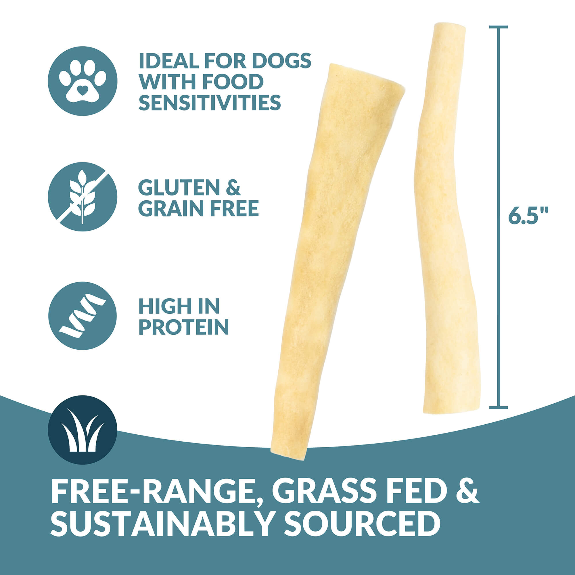 Four Wild Eats Small Bully Tails (6.5" each) by Wild Eats beside text: ideal for dogs with food sensitivities, gluten and grain free, high in protein, free-range, grass-fed, sustainably sourced, and great for dental health.