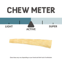 The Wild Eats Small Bully Tail (Bundle of 4) features a chew meter from Light to Super, with the pointer at Active. A single bully tail is shown. Note: Chew times may vary by breed and enthusiasm. Brand: Wild Eats.