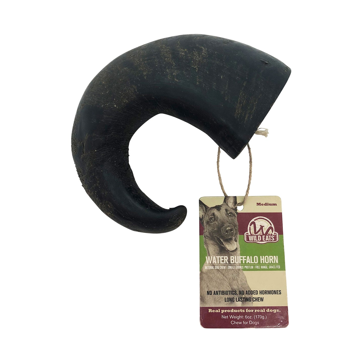 The Wild Eats Water Buffalo Horn is a curved, dark chew for dogs featuring a tag that highlights attributes such as Medium, No Antibiotics, No Added Hormones, and Long Lasting. These grain-free chews promote a balanced diet.