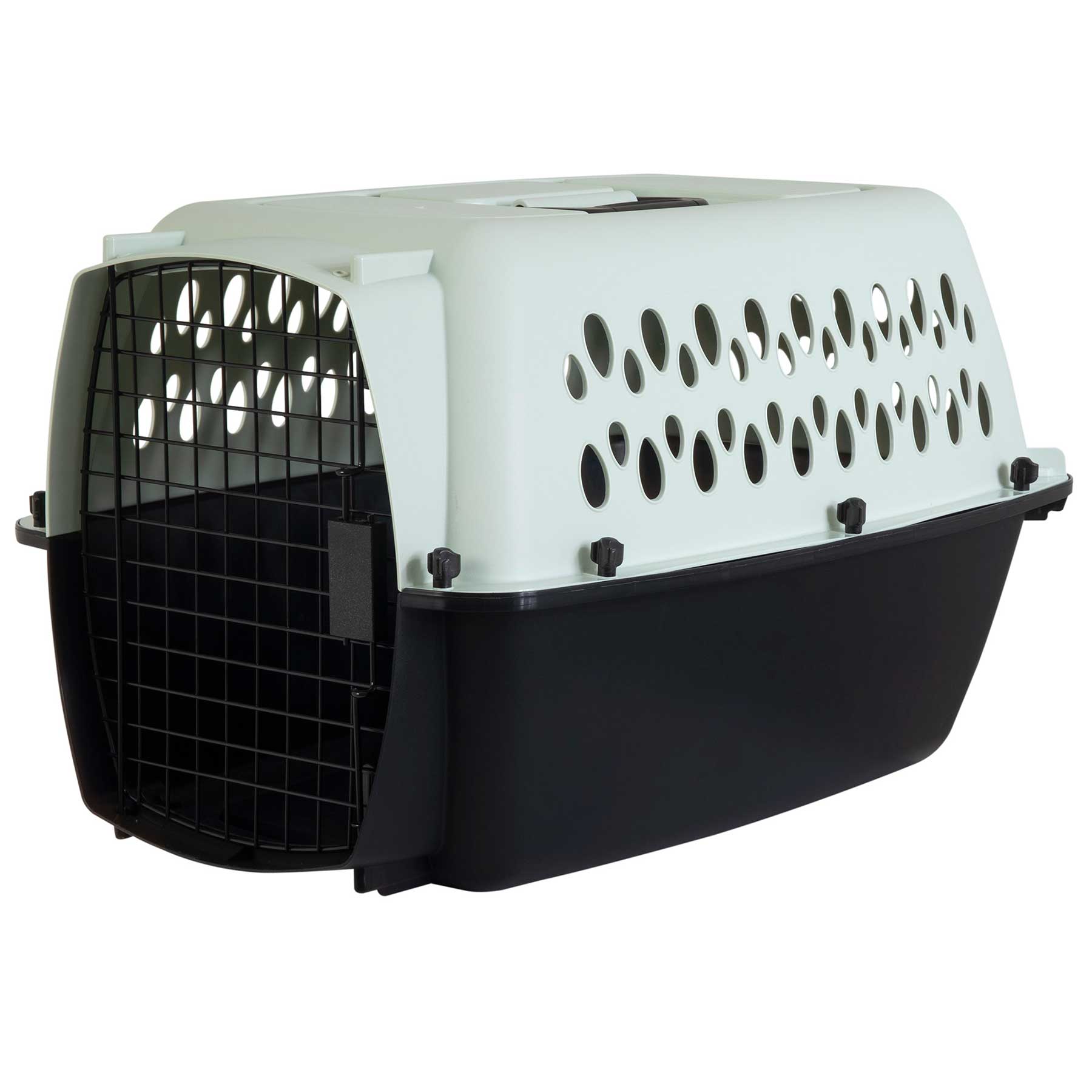 The Aspen Pet Petmate Pet Porter is a black and white plastic carrier with a grated door, quick-latching system, and side ventilation holes. Designed to meet airline requirements, it features a convenient top handle for easy carrying, ensuring safe transportation for your pet.
