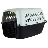 The Aspen Pet Petmate Pet Porter is a black and white plastic carrier with a grated door, quick-latching system, and side ventilation holes. Designed to meet airline requirements, it features a convenient top handle for easy carrying, ensuring safe transportation for your pet.