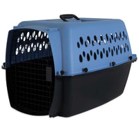 The Aspen Pet Petmate Pet Porter, a blue and black airline-approved pet carrier, features ventilation holes, a metal door with a quick-latching system for easy access, and a convenient top handle for carrying.