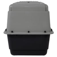 The Aspen Pet Pet Porter is a plastic carrier with a gray top and black bottom, featuring a convenient handle and ventilation slits. Several latches securely fasten the two halves for safe pet travel, viewed from the front.