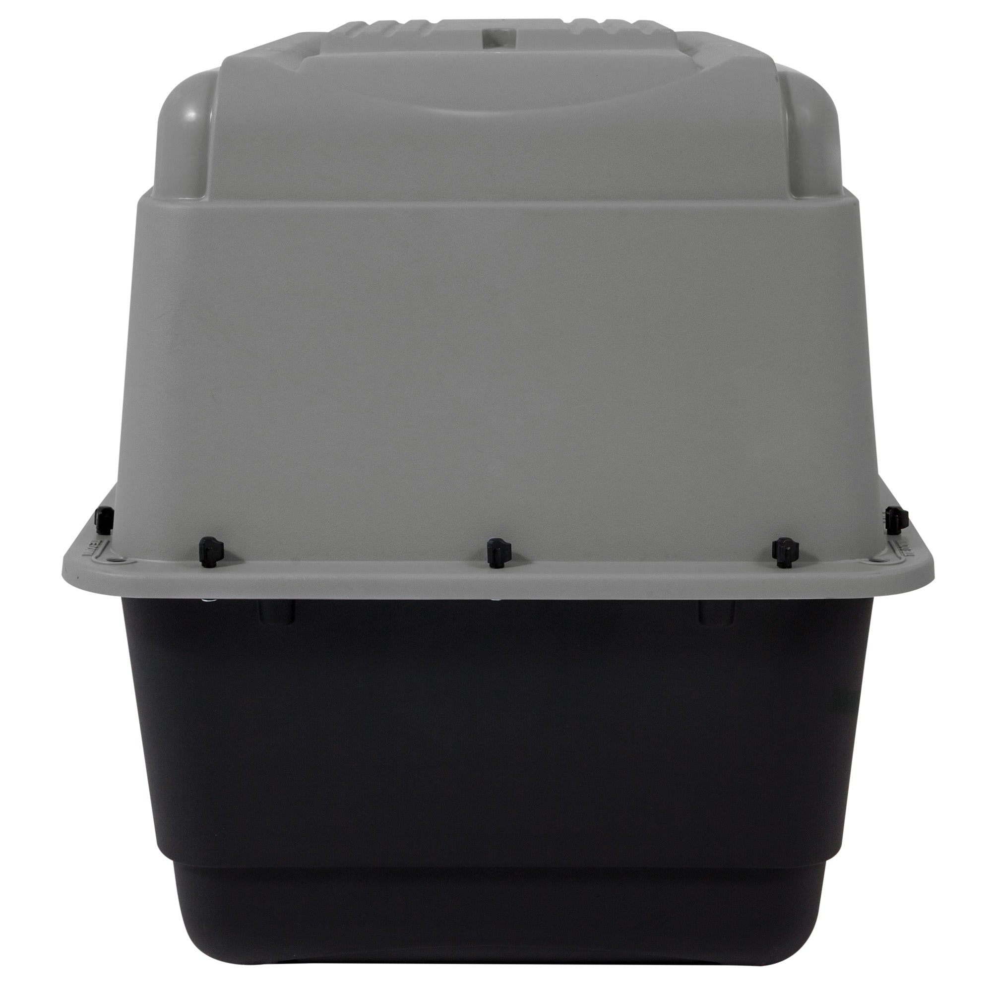 The Aspen Pet Pet Porter is a plastic carrier with a gray top and black bottom, featuring a convenient handle and ventilation slits. Several latches securely fasten the two halves for safe pet travel, viewed from the front.