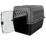 The Aspen Pet Petmate All Purpose Aspen Pet Pet Porter is a black and gray plastic pet carrier with a side-opening metal wire door, ventilation holes for airflow, and an interior designed for comfort; meets many air travel requirements.