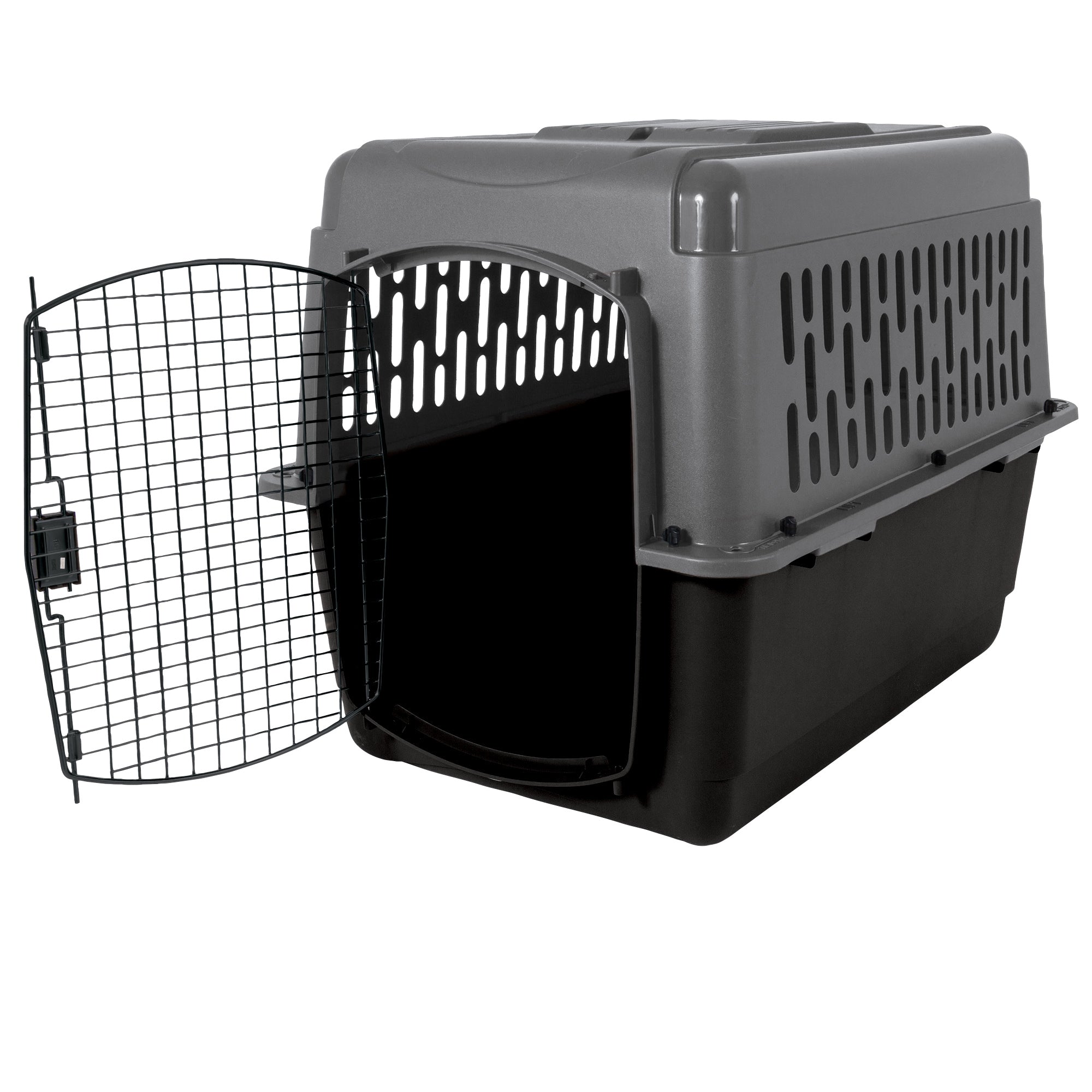 The Aspen Pet Pet Porter, by Aspen Pet, is a dark gray plastic carrier featuring a secure metal wire door. It opens to reveal its spacious interior, is designed for pet travel with ventilation holes on the sides and top, and rests elegantly on a white background.