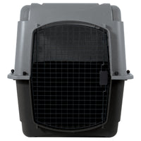 The Aspen Pet Pet Porter by Aspen Pet is a large, gray plastic pet carrier ideal for travel. It includes a centrally placed black metal grid door for visibility and airflow, plus a curved top and secure side latches for your pets safety.