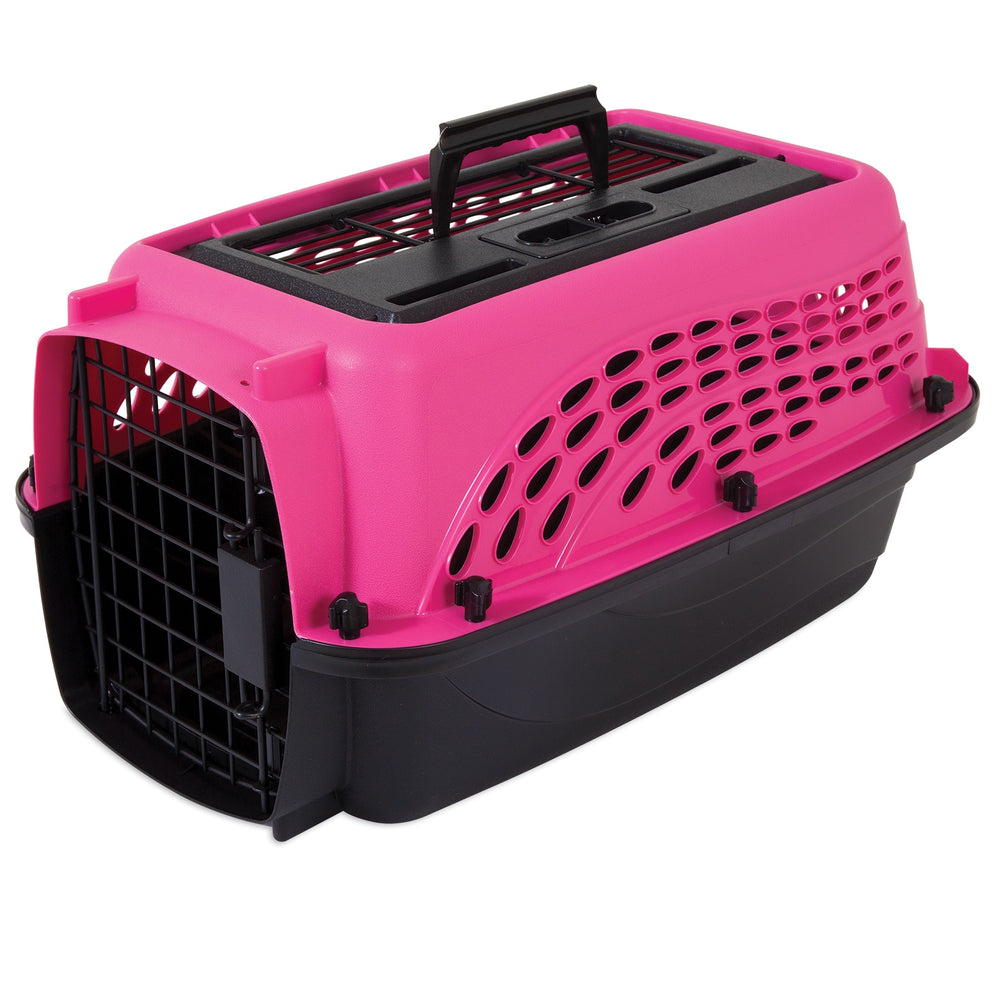 The Petmate 2 Door Dog & Cat Kennel features EcoTEC Plastic in a pink and black design. With a mesh door, ventilation holes, and a top handle, its ideal for conveniently carrying small pets like cats or small dogs.