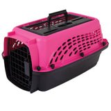 The pink and black Petmate E-Z Load Two Door Dog & Cat Kennel features EcoTEC Plastic, a metal front door, side ventilation holes, and a top handle for easy carrying.