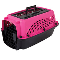 The Petmate 2 Door Dog & Cat Kennel features EcoTEC Plastic in a pink and black design. With a mesh door, ventilation holes, and a top handle, its ideal for conveniently carrying small pets like cats or small dogs.
