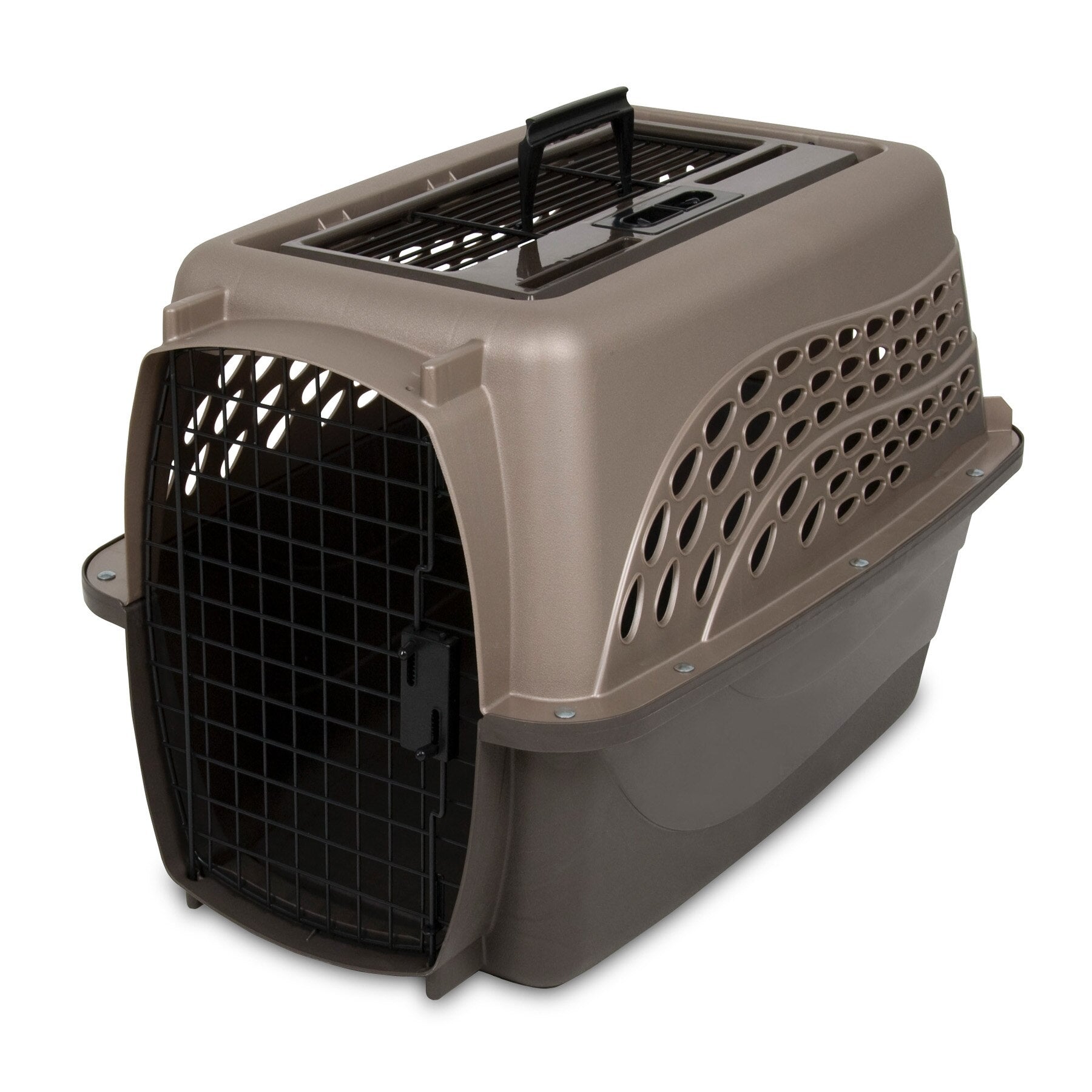 The Petmate 2 Door Dog & Cat Kennel is made from EcoTEC Plastic, featuring a tan and dark brown design with a black wire door and side vents. It includes an easy-carry handle on top, set against a white background.
