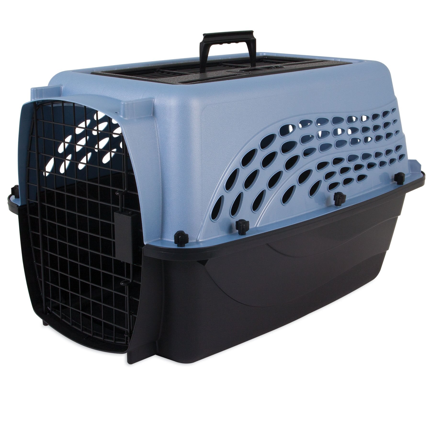 The Petmate 2 Door Dog & Cat Kennel, by Petmate, is a sleek carrier with a blue EcoTEC Plastic top and black bottom. It features a sturdy black metal door, multiple ventilation holes on the sides and top, and a convenient black handle for easy carrying.
