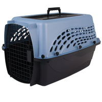 The Petmate 2 Door Dog & Cat Kennel, by Petmate, is a sleek carrier with a blue EcoTEC Plastic top and black bottom. It features a sturdy black metal door, multiple ventilation holes on the sides and top, and a convenient black handle for easy carrying.