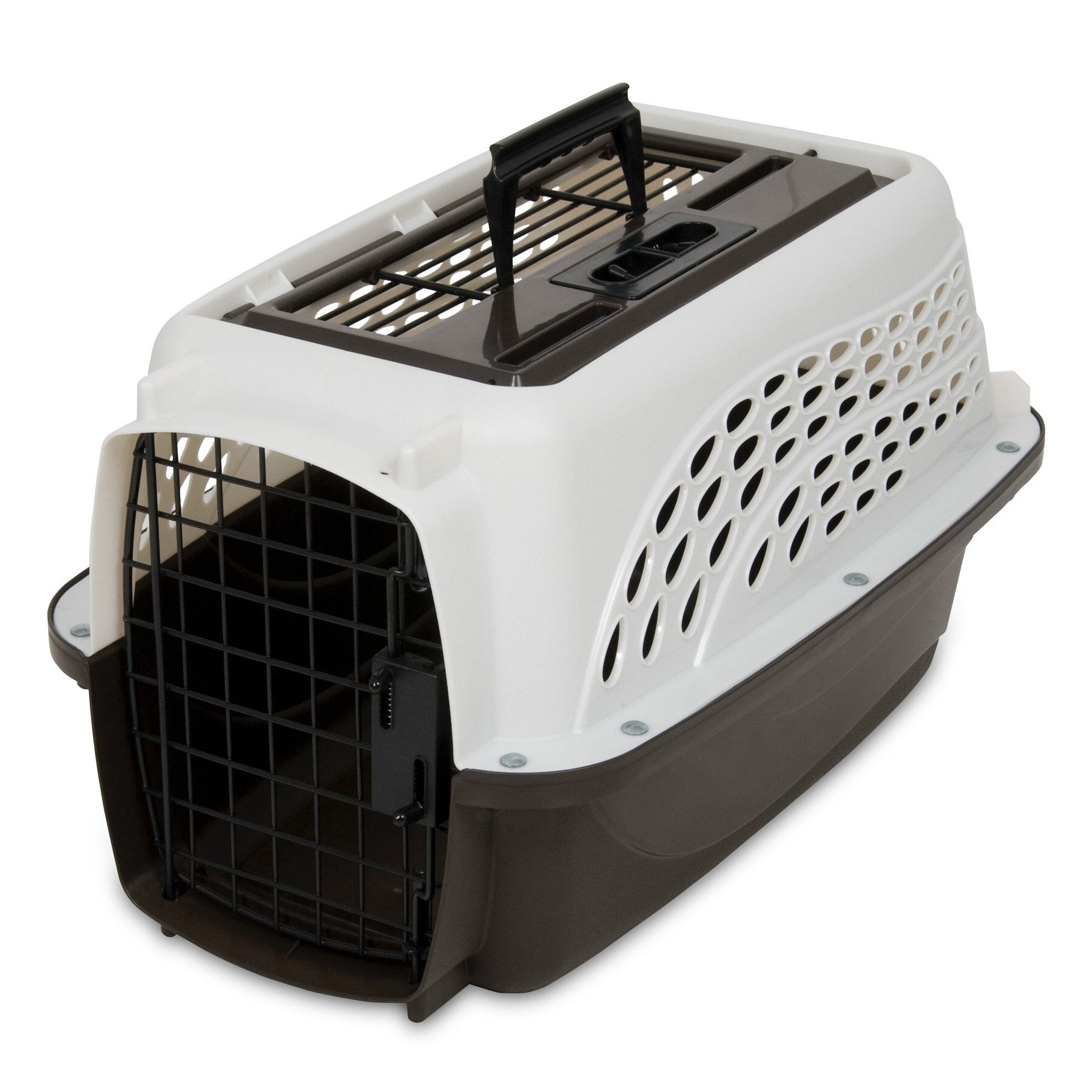 Introducing the Petmate 2 Door Dog & Cat Kennel, a premium carrier made with EcoTEC Plastic, featuring a dark brown base, white top with ventilation holes, and a sturdy metal door. A black handle on top ensures easy carrying for your travel convenience.