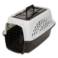 Introducing the Petmate 2 Door Dog & Cat Kennel, a premium carrier made with EcoTEC Plastic, featuring a dark brown base, white top with ventilation holes, and a sturdy metal door. A black handle on top ensures easy carrying for your travel convenience.