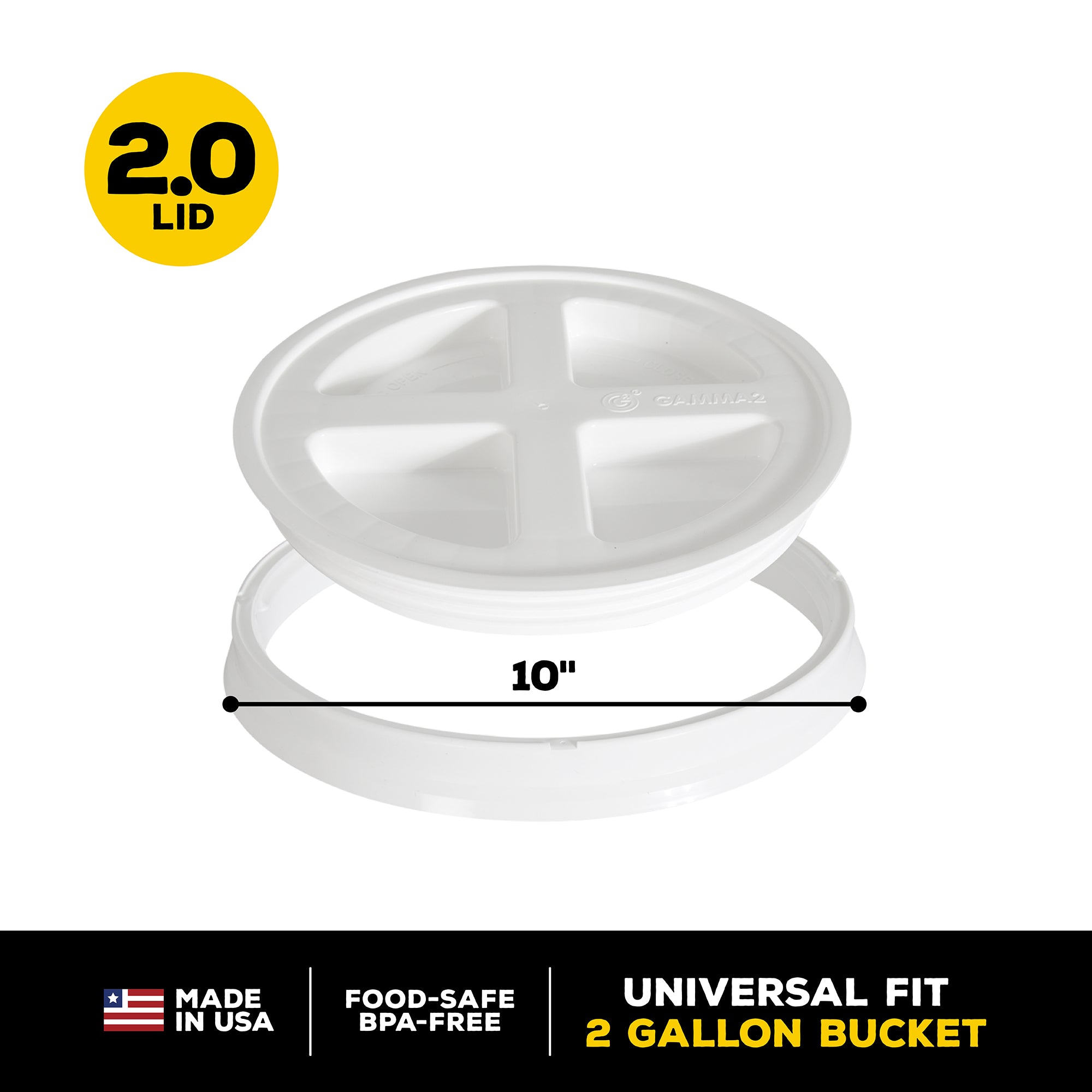 Image of a white, round lid called Vittles Vault 2.0 Replacement Lid, 10 in diameter, ideal for Vittles Vault or other food containers. Features: Made in USA, Food-Safe, BPA-Free, Universal Fit for 2 Gallon Bucket. Displayed apart from the rim.