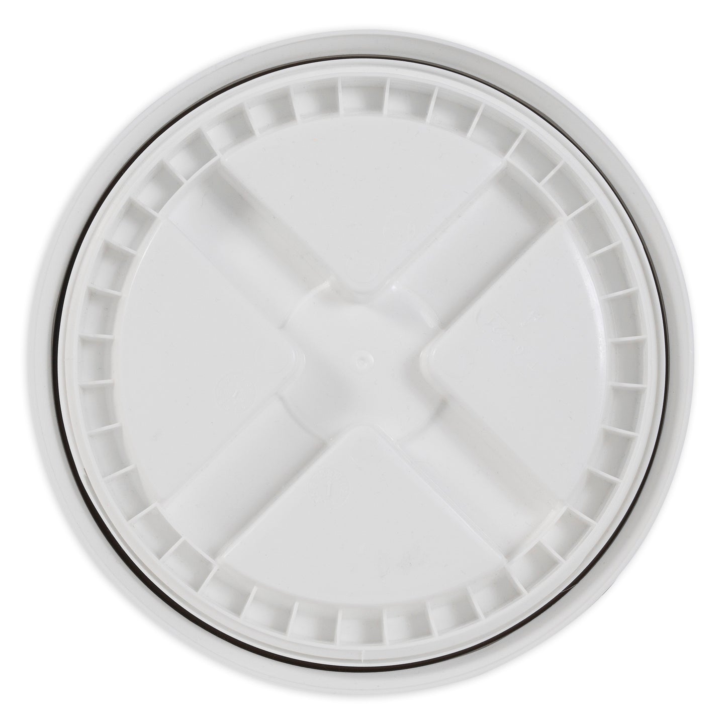 The Vittles Vault 2.0 Replacement Lid by Vittles Vault is white, round, and plastic with a raised circular rim and indented cross pattern in the center. It has evenly spaced short vertical ridges along the edge, perfect for their food storage containers.