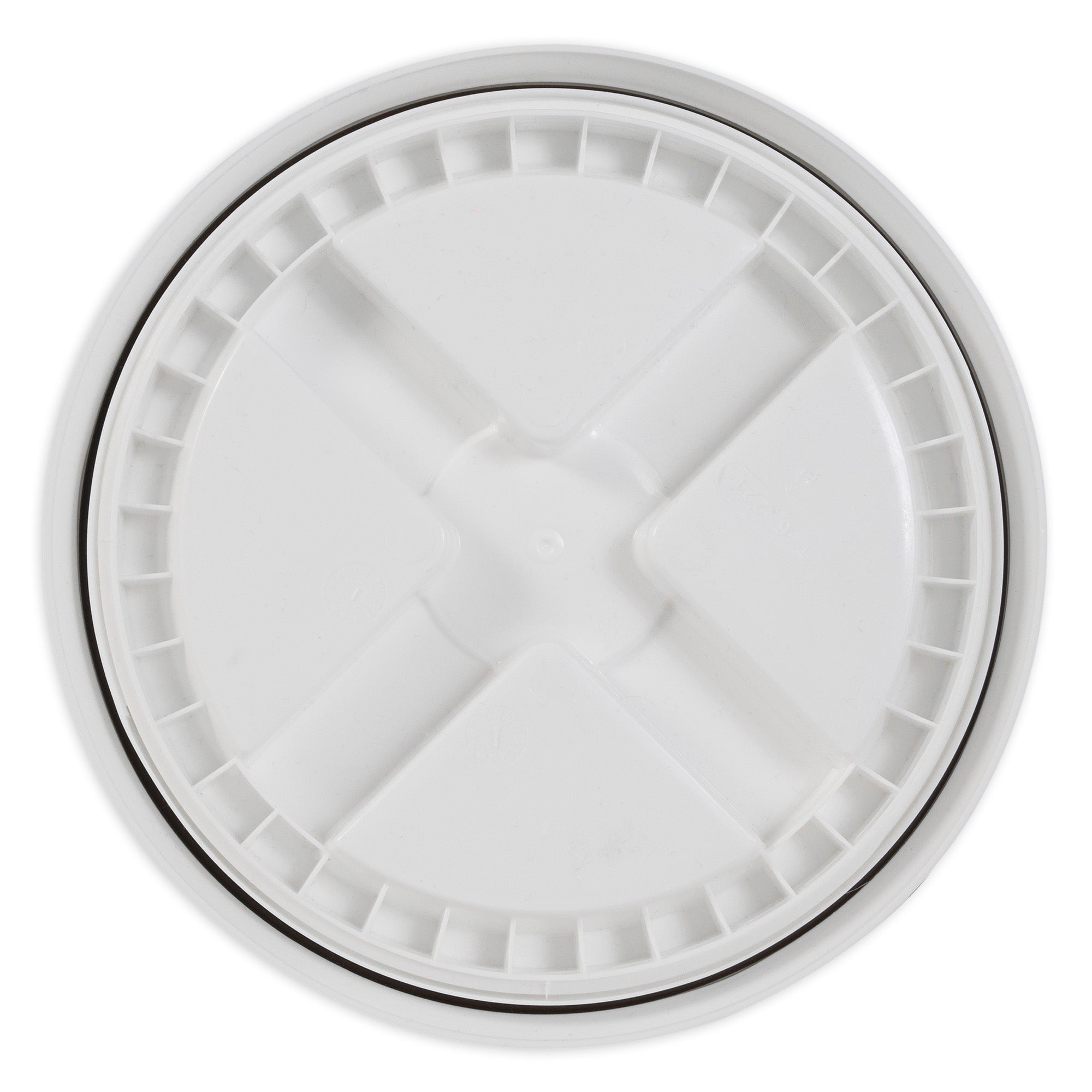 The Vittles Vault 2.0 Replacement Lid by Vittles Vault is white, round, and plastic with a raised circular rim and indented cross pattern in the center. It has evenly spaced short vertical ridges along the edge, perfect for their food storage containers.