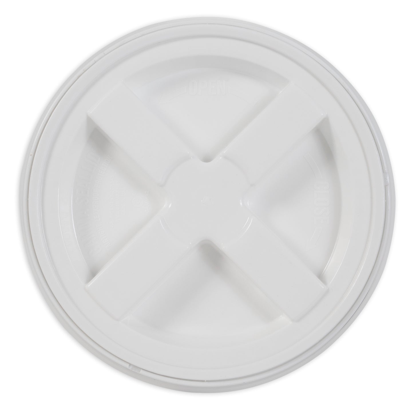 The Vittles Vault 2.0 Replacement Lid, a white round plastic lid, has a raised X pattern at its center and an elevated rim for a secure seal on Vittles Vault containers.