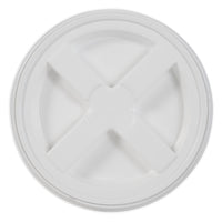 The Vittles Vault 2.0 Replacement Lid, a white round plastic lid, has a raised X pattern at its center and an elevated rim for a secure seal on Vittles Vault containers.