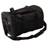 The Petmate Soft Sided Kennel Cab is a sleek, black duffel-style airline travel pet carrier. It has mesh sides for ventilation, a shoulder strap, two handles, a zippered closure, and an extra side pocket.