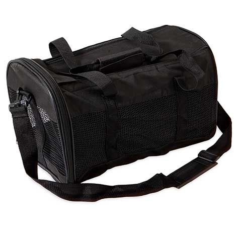 The Petmate Soft Sided Kennel Cab is a sleek, black duffel-style airline travel pet carrier. It has mesh sides for ventilation, a shoulder strap, two handles, a zippered closure, and an extra side pocket.