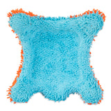The Chuckit! Indoor Flying Squirrel features a square shape with fluffy blue chenille-like fabric, orange fringes, and protruding corners. Built with Bounceflex Core Technology by Chuckit for optimal comfort.