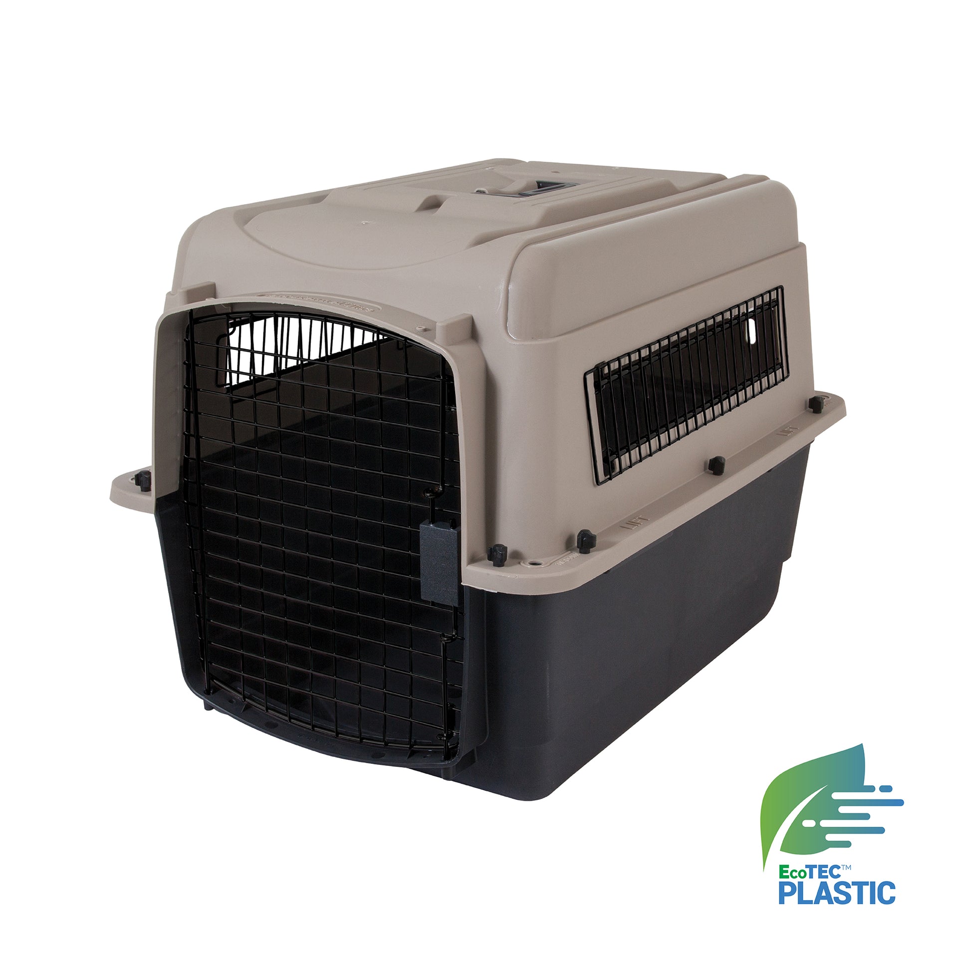 The Petmate Traveler - Ultra Vari Kennel by Petmate is a beige and black pet carrier with a metal front door and side ventilation panels, ideal for trips or vet visits. The EcoTEC Plastic logo appears in the bottom right corner.