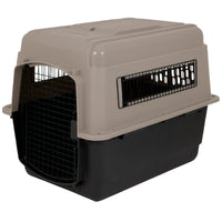 The Petmate Ultra Vari Kennel, by Petmate, is tan and black with a metal wire door and side vents; its sturdy rectangular design makes it perfect for safe animal transport, meeting airline travel standards.