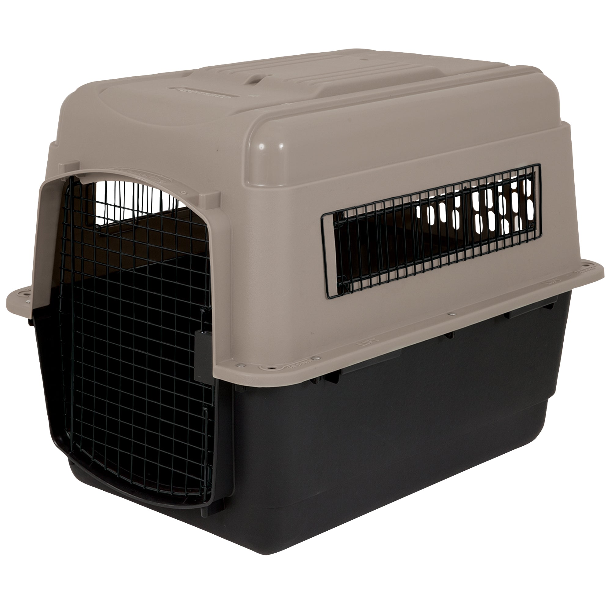 The Petmate Ultra Vari Kennel, by Petmate, is tan and black with a metal wire door and side vents; its sturdy rectangular design makes it perfect for safe animal transport, meeting airline travel standards.