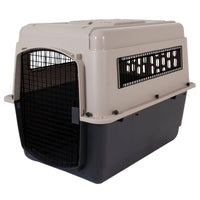 The Petmate Ultra Vari Kennel by Petmate is a large, plastic crate with a beige top and black bottom, featuring a metal grid door and ventilation windows. Its perfect for medium to large animals and meets most airline safety requirements for comfortable transportation.