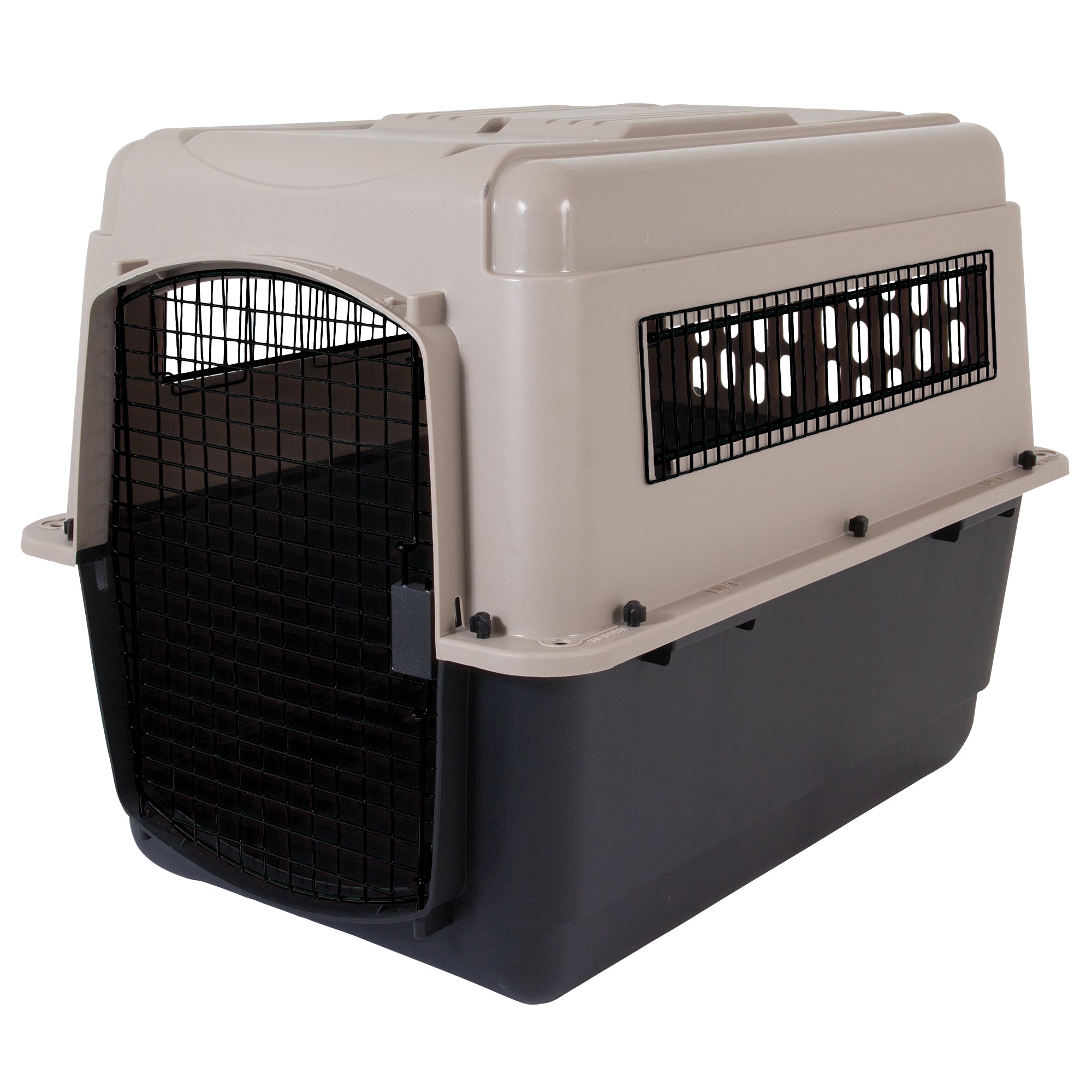 The Petmate Ultra Vari Kennel by Petmate is a large, plastic crate with a beige top and black bottom, featuring a metal grid door and ventilation windows. Its perfect for medium to large animals and meets most airline safety requirements for comfortable transportation.