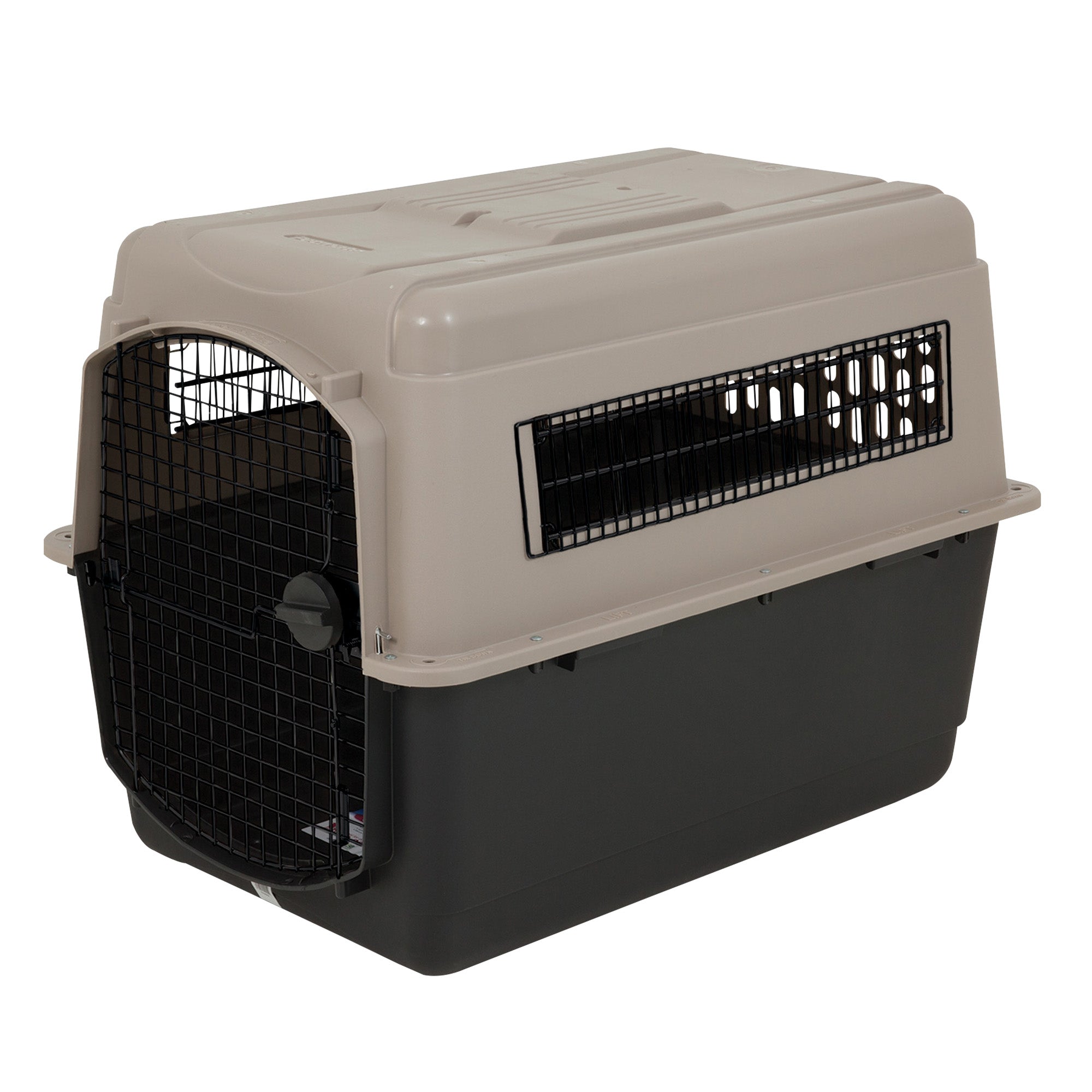 The Petmate Ultra Vari Kennel features a beige top and black bottom, secure black metal door, side ventilation panels, and is designed to meet airline travel requirements, offering a spacious solution for medium to large pets during travel.