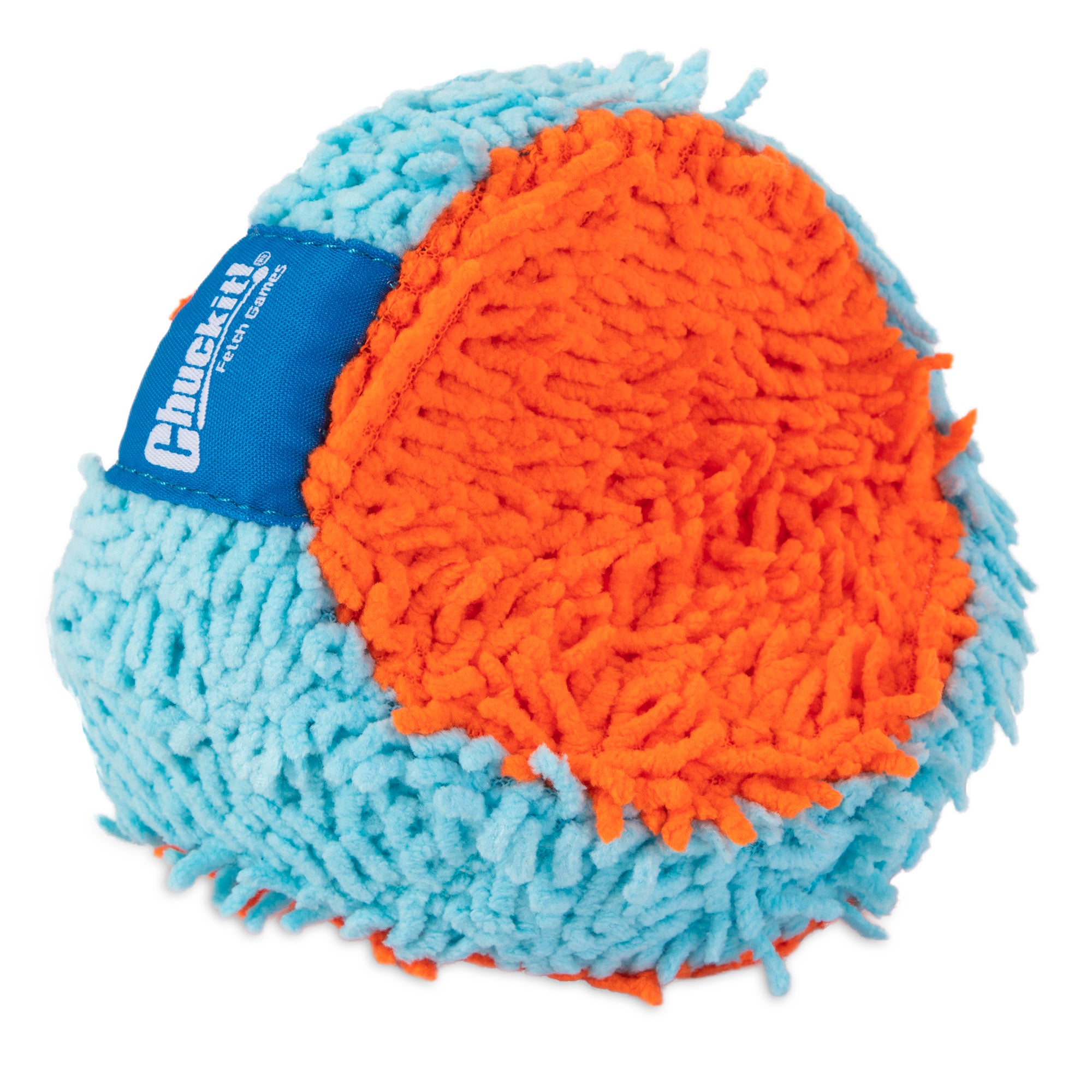 The Chuckit! Indoor Fetch Tumbler Toy for Dogs by Chuckit is a round, textured toy in blue and bright orange shaggy fabric, ideal for indoor fetch. Featuring Bounceflex Core Technology, it pairs with the Chuckit! Indoor Launcher. A blue tag with white text adds the final touch.