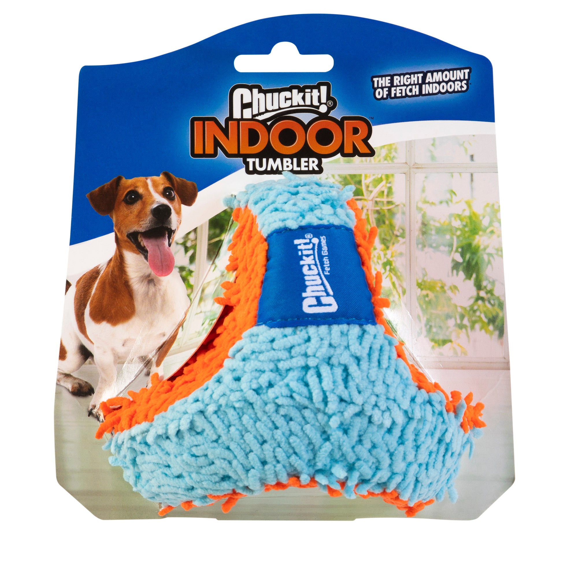 Packaging for the Chuckit! Indoor Fetch Tumbler Toy for Dogs features its unique triangular design with blue and orange textured fabric. An image of a playful dog accompanies notes on its Bounceflex Core Technology, highlighting fun indoor fetch sessions.